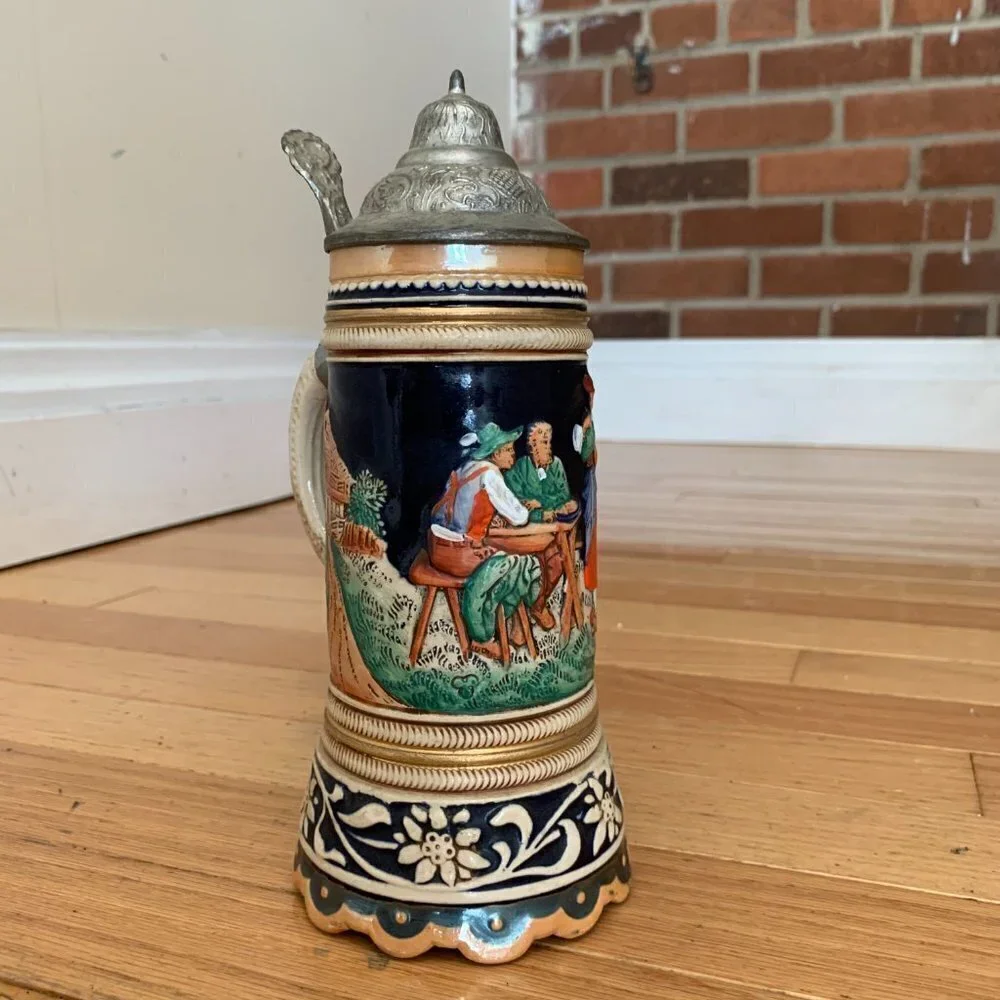 Vintage German Beer Stein Handgemalt with Pewter Lid